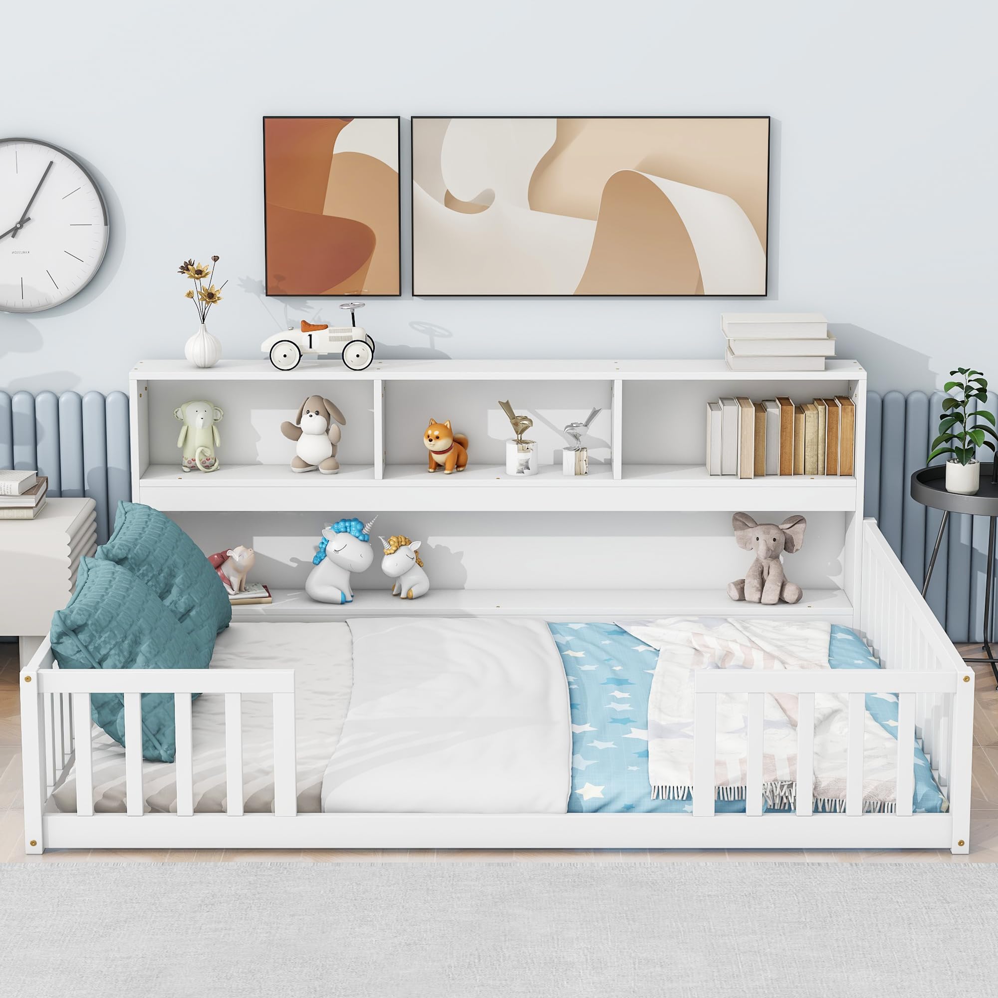 Full Size Floor Bed with Bedside Bookcase & Shelves - Multifunctional Wooden Platform Bed with Guardrails & Storage Headboard - Low Profile Kids & Teens Bed (White) - Perfect for Small Rooms, Dormitories & Cozy Bedrooms