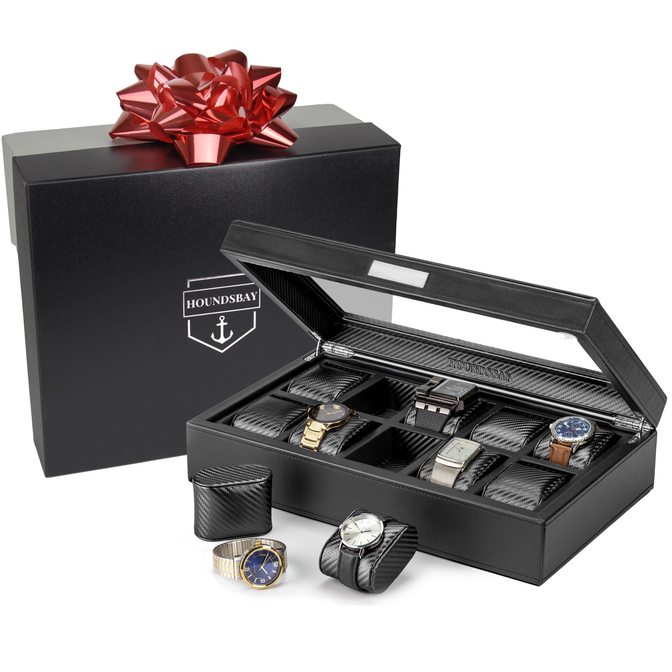 HOUNDSBAY Premium Watch Box for Large Watches - PU Leather Watch Organizer with Carbon Fiber Design - Luxury Watch Storage Case for Men - Perfect for Travel, Home Display & Watch Collection Organization