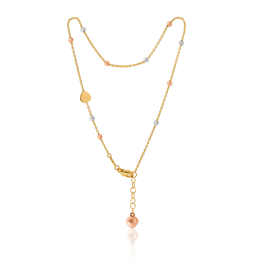 9ct Three-Tone Gold Heart & Bead 27cm Anklet Bracelet for Women - Elegant Adjustable Ankle Chain Jewelry for Beach, Party & Everyday Wear