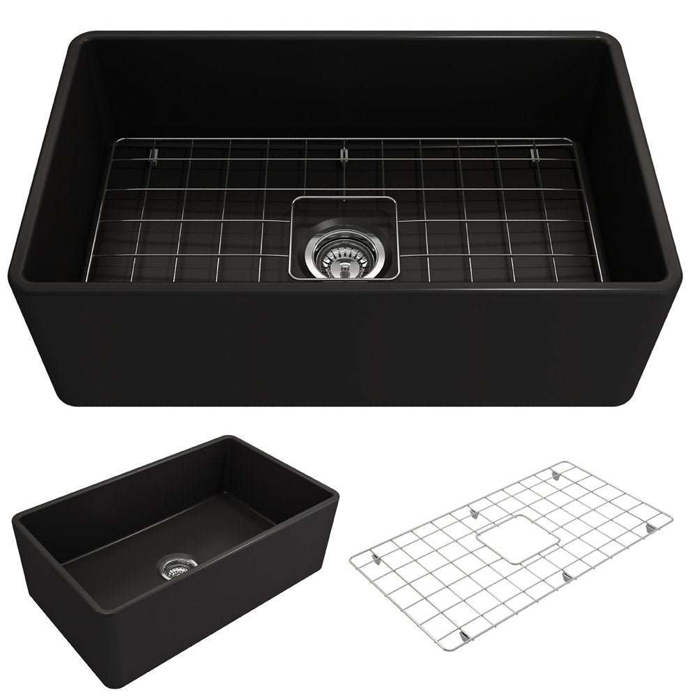 Bocchi Classico Farmhouse Apron Front Fireclay 30-Inch Single Bowl Kitchen Sink with Protective Bottom Grid & Strainer - 9 Color Options | Perfect for Rustic & Modern Kitchens, Dishwashing & Food Prep