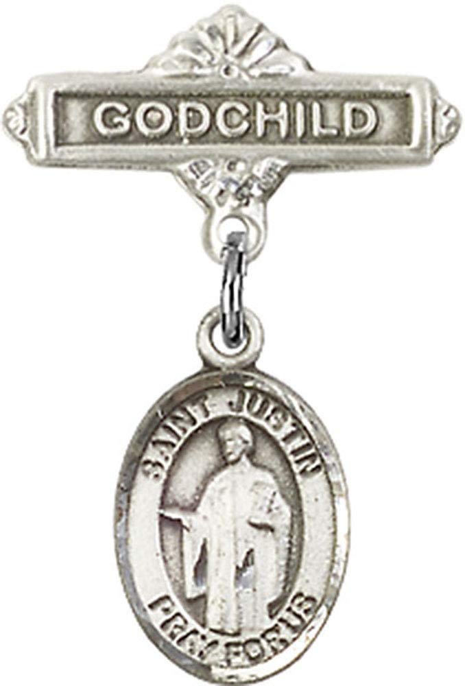 Sterling Silver Baby Badge with St. Justin Charm & Godchild Pin - Religious Jewelry Gift for Baptism, Christening & First Communion - Handmade in USA