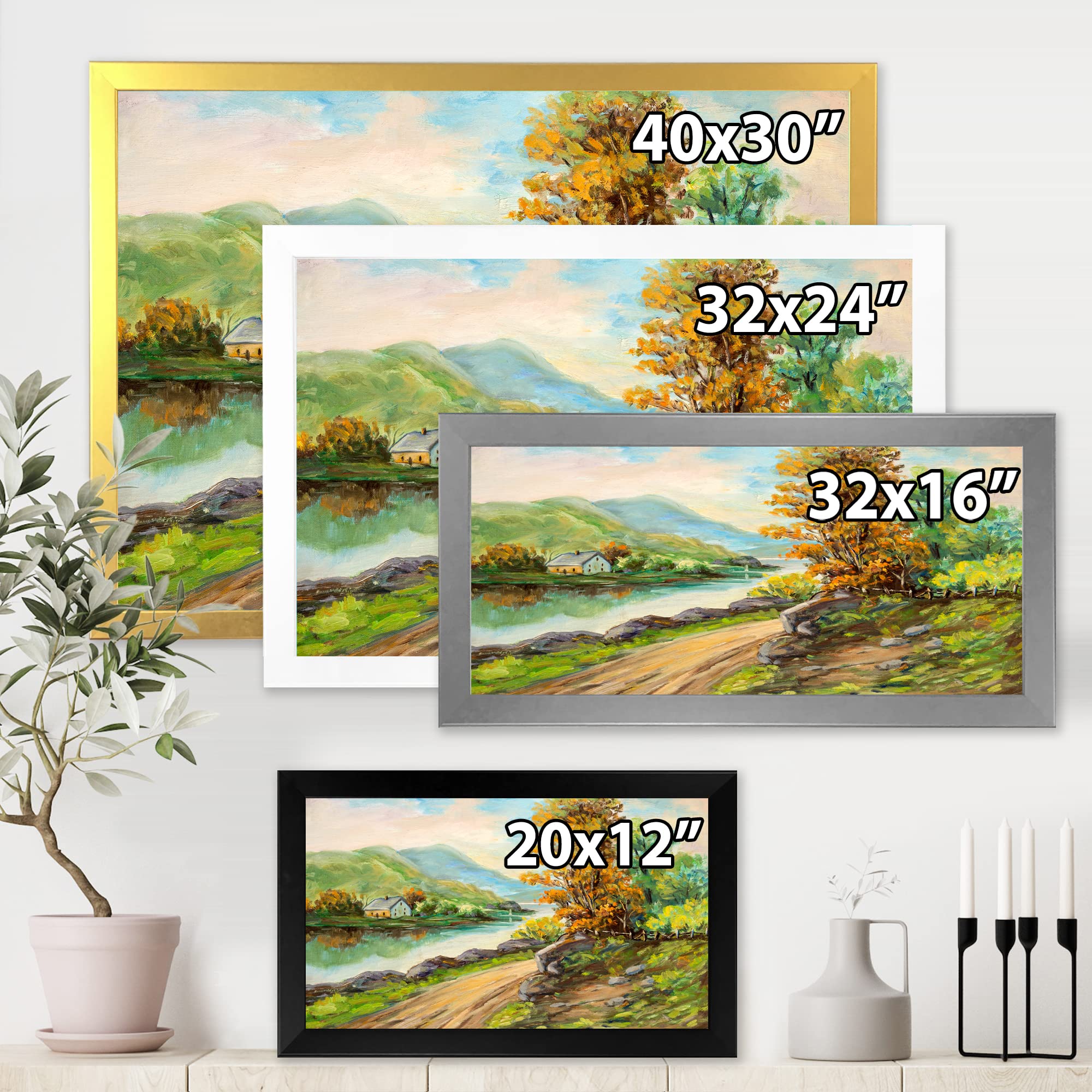 Rural Road By The River Landscape Painting - Traditional Framed Wall Art Decor for Living Room, Bedroom & Office | Nature Scenery Canvas Print