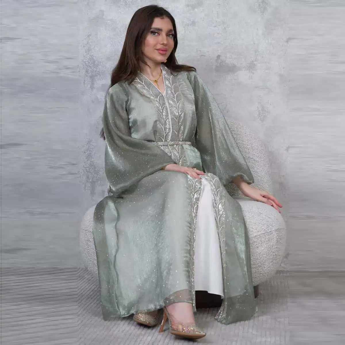 2-Piece Hotfix Rhinestone Caftan Dress Set with Inner Sleeveless Dress #25453 - Elegant Beach Cover Up, Evening Gown & Summer Party Wear for Women