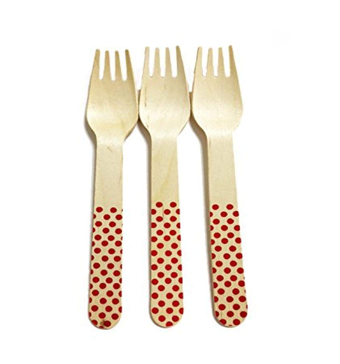 Polka Dot Wooden Forks - 6 Inch Disposable Red Printed Cutlery, Pack of 36 | Eco-Friendly Party Utensils for Weddings, Picnics & Birthday Celebrations