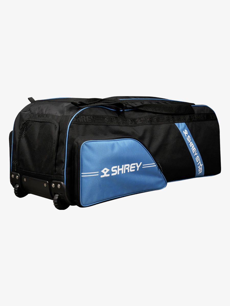 Shrey Star Wheelie 2.0 Cricket Bag - Premium Black & Steel Blue Cricket Gear for Professional Players - Perfect for Matches, Practice & Travel