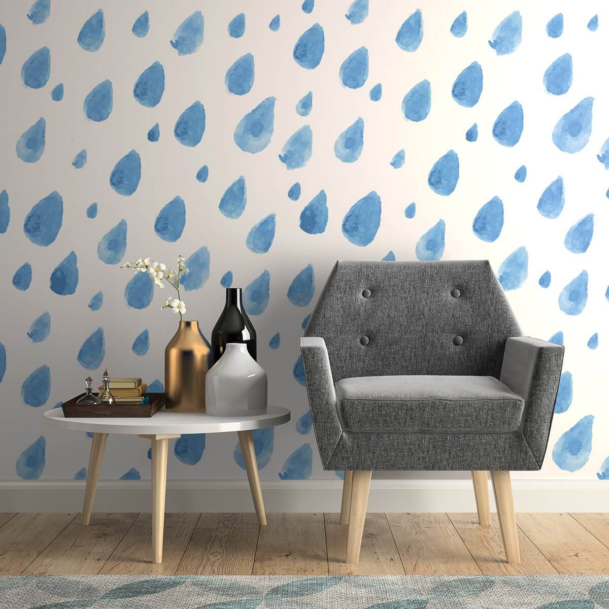 White and Blue Rain Baby Peel and Stick Removable Wallpaper 9805 - Waterproof Nursery Decor for Kids Room, Bedroom & Playroom