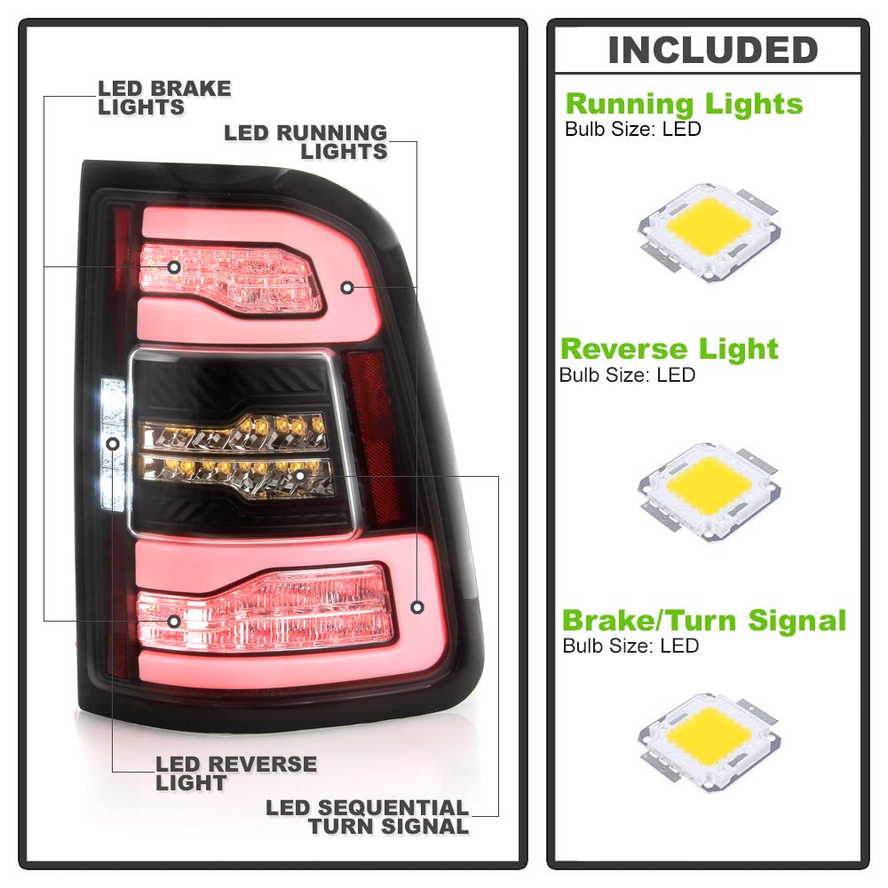 ACANII Full LED Tail Lights with Sequential Turn Signals for 2019-2022 Ram 1500 (Incandescent Model Only) - Black, Left & Right Pair - Upgrade Your Truck's Style & Safety for Night Driving and Daily Commutes