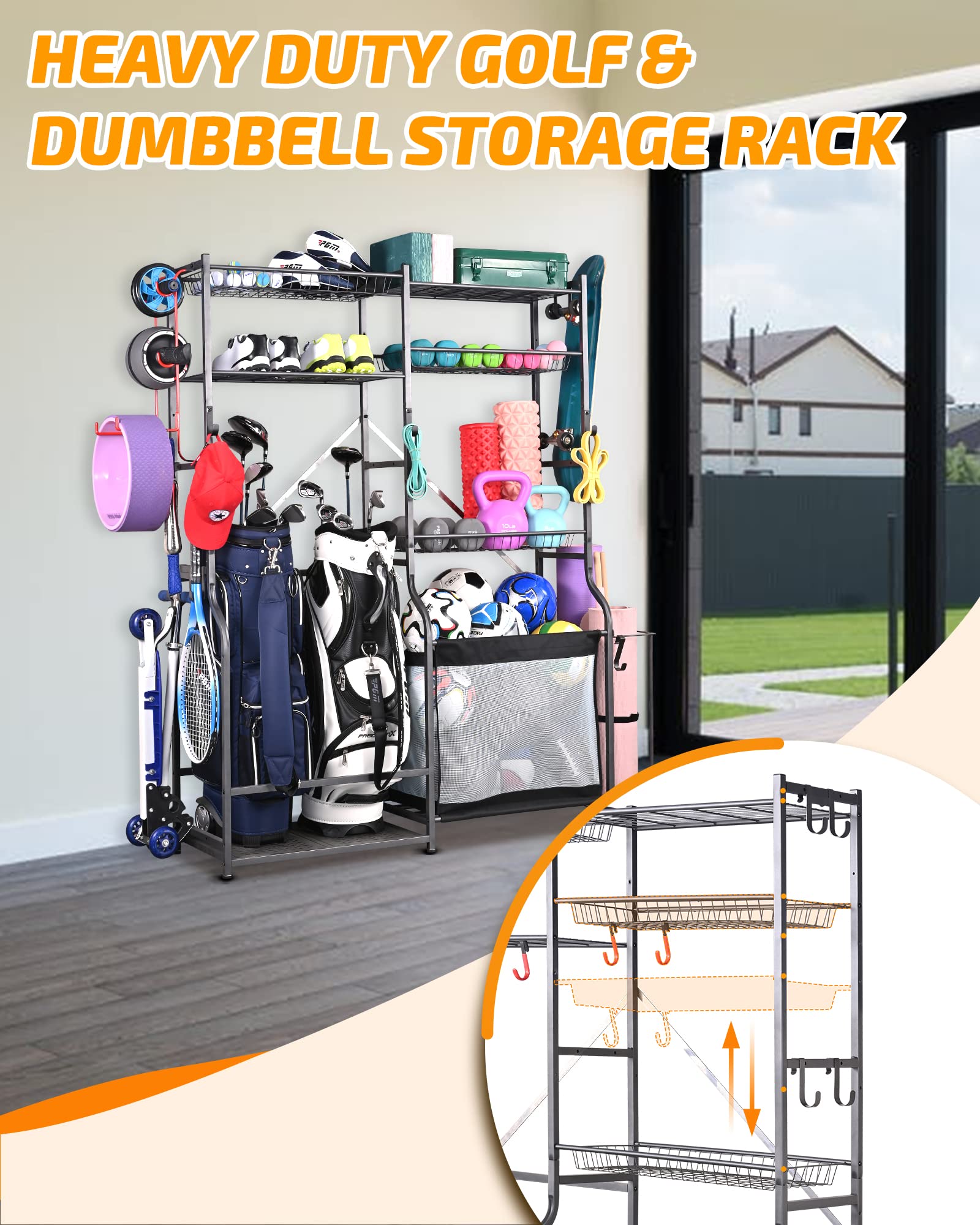 PLKOW Extra Large Golf Ball Storage Rack - 2 Golf Bag Organizer & Sports Equipment Holder for Garage - Durable Golf Accessories Organizer for Clubs, Balls & Gear - Perfect for Home, Garage & Golf Course Storage