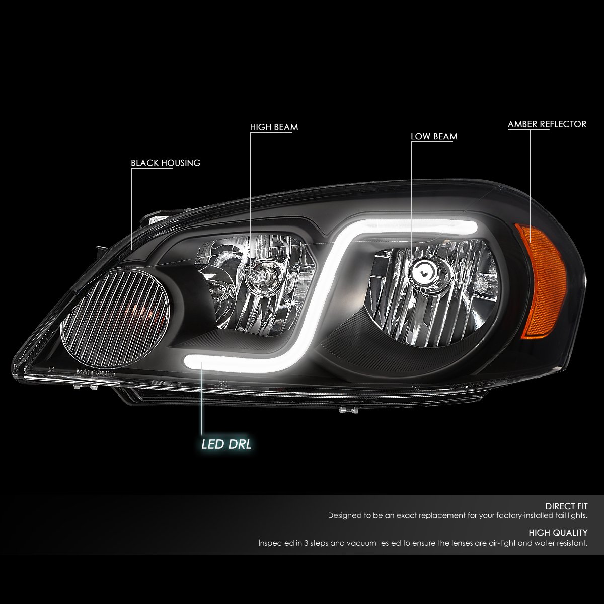 DNA MOTORING HL-LB-CI06-BK-AM Black Amber LED Headlights with Daytime Running Lights - Compatible with 2006-2013 Chevrolet Impala - Upgrade for Better Visibility & Style (Perfect for Night Driving & Car Customization)