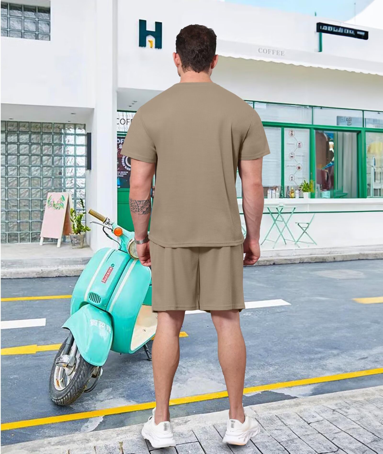 ThusFar Men's Waffle Knit Shirt & Shorts Set - 2 Piece Summer Tracksuit with Pockets for Athletic & Casual Wear | Gym, Running, Beach, Lounge Outfits