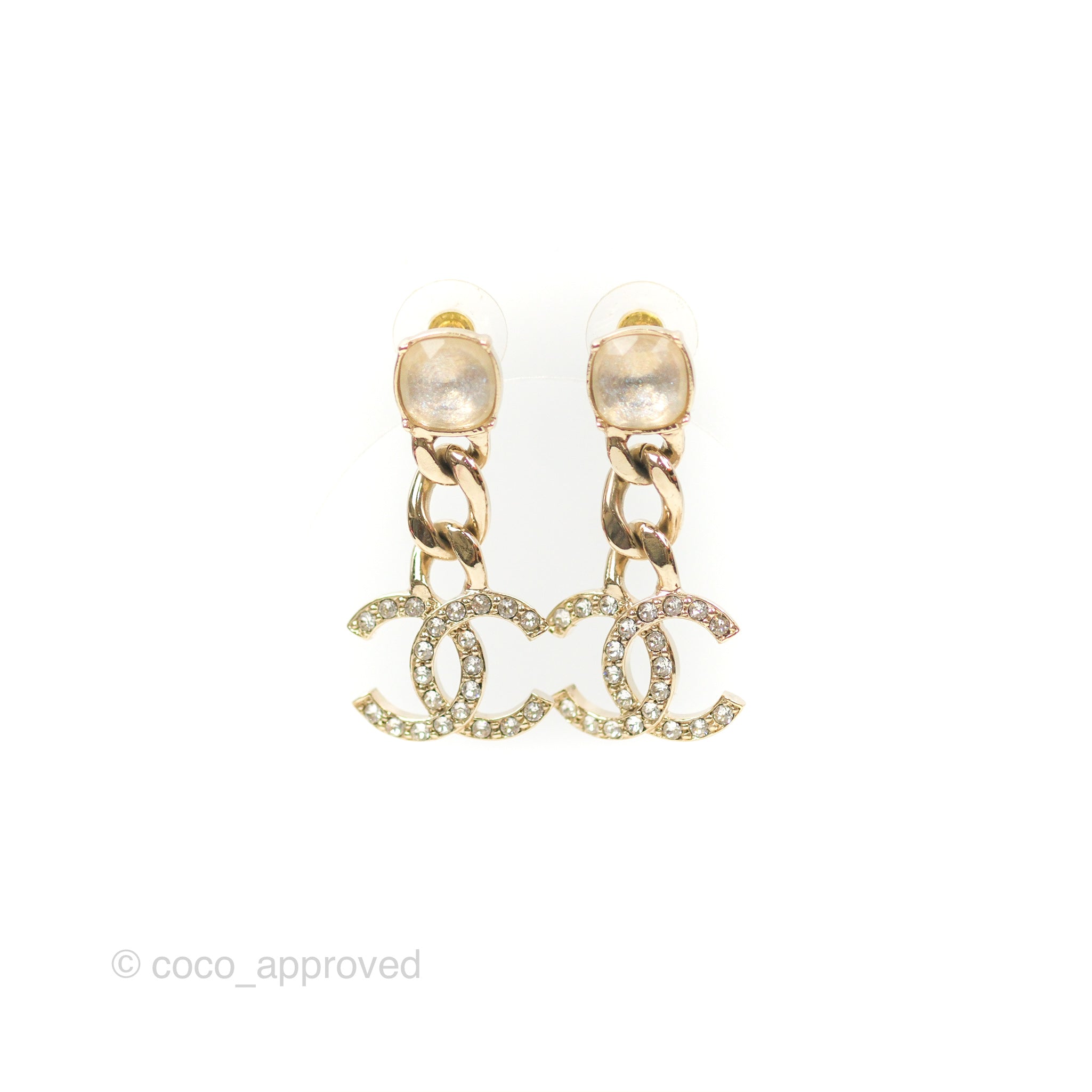 Chanel Chain CC Crystal Drop Earrings - Gold Tone 23C Collection - Luxury Fashion Jewelry for Women - Perfect for Parties, Weddings & Special Occasions