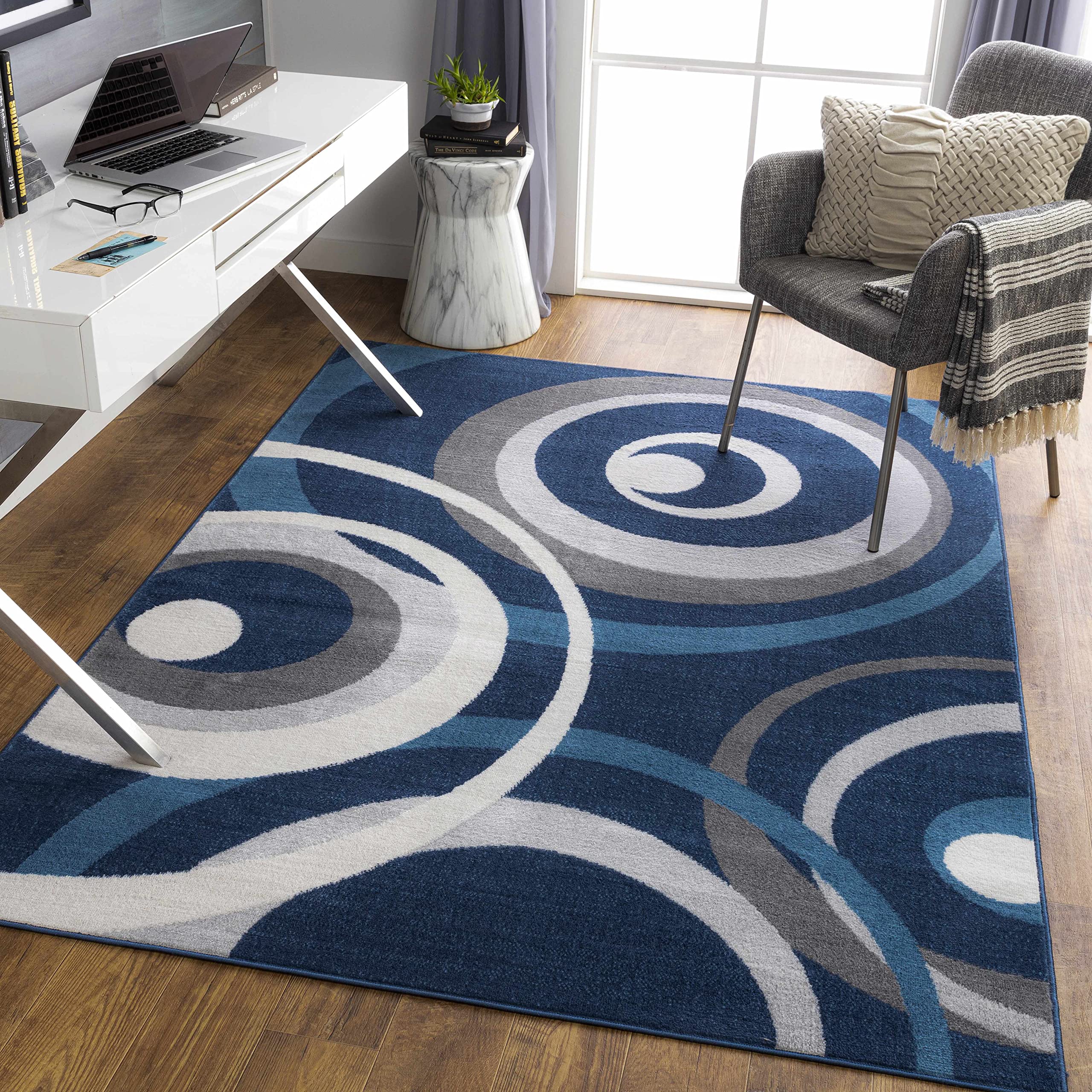 Modern Hauteloom Renmark Area Rug for Living Room & Bedroom - Navy, Blue, Gray - 9'2