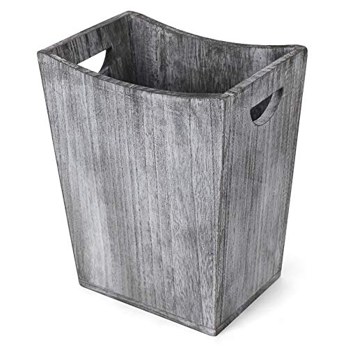 BTY Farmhouse Wooden Trash Can - Small Square Waste Basket with Handle for Kitchen, Office, Living Room & Dorm | Rustic Torched Design in Gray Green | Eco-Friendly Garbage Bin for Home Decor & Waste Management