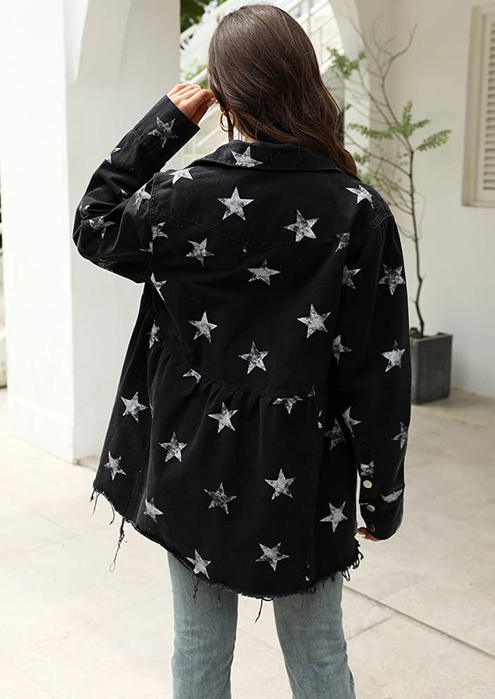 Chouyatou Women's Distressed Denim Jacket with Raw Hem & Star Print - Mid-Length Peplum Style for Casual Outfits, Perfect for Spring Layering and Streetwear Fashion