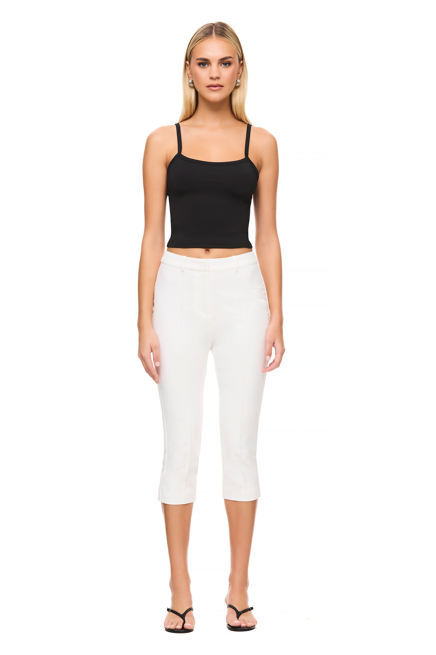 Dominique White Capri Pants for Women - High Waisted Summer Casual Stretch Pants | Perfect for Beach, Yoga, and Everyday Wear
