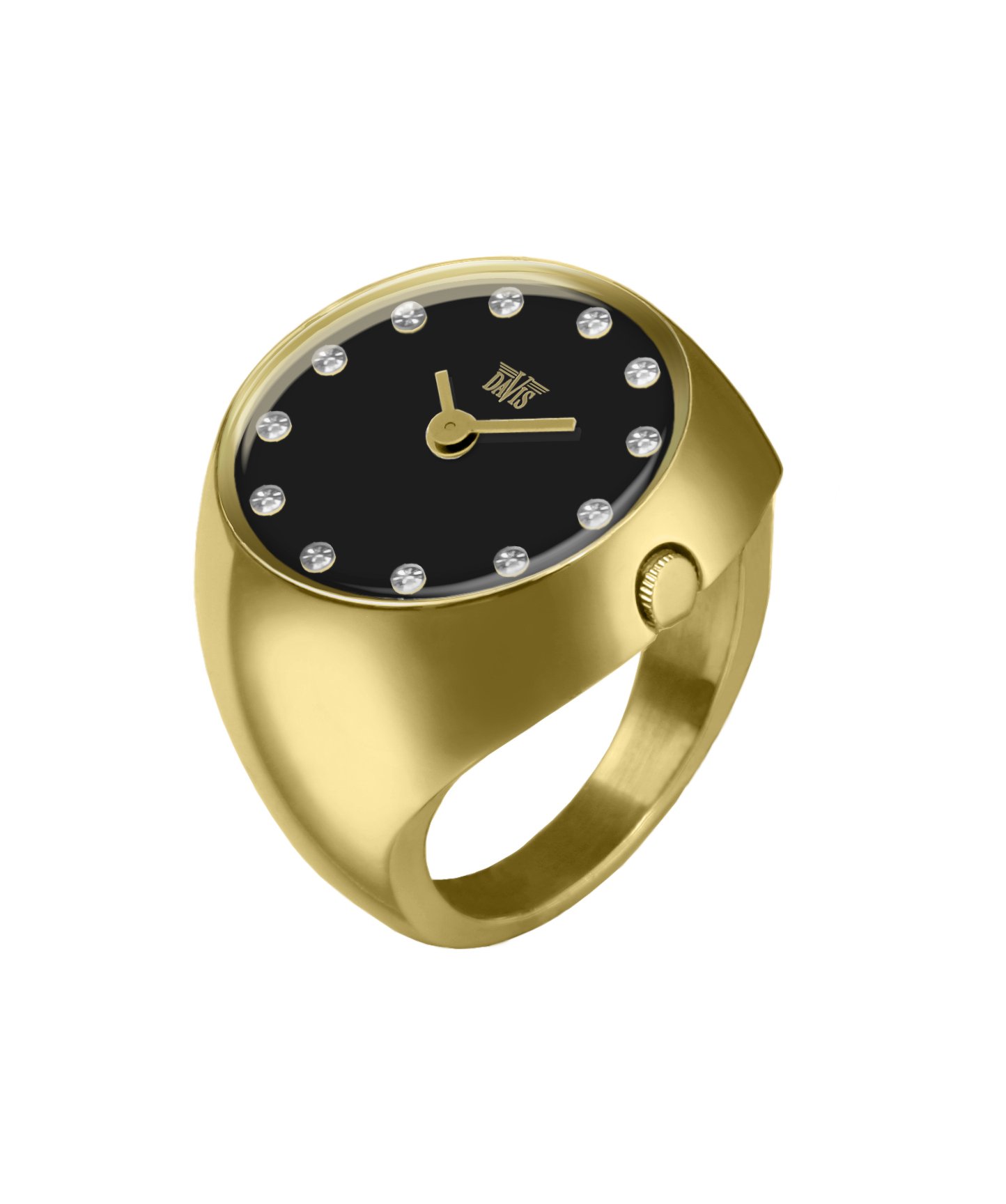 Davis 2015L Women's Yellow Gold Finger Ring Watch with Sapphire Glass & Swarovski Crystal Markers - Elegant Black Dial Size 58 - Perfect for Formal Events, Evening Wear & Luxury Gift Giving