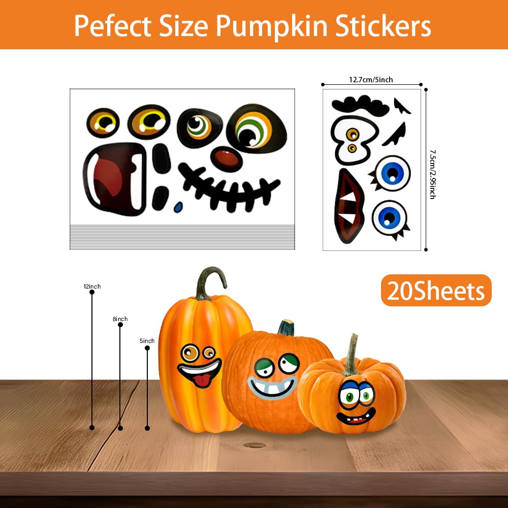 40PCS Halloween Pumpkin Face Stickers - 20 Sheets Small Pumpkin Decorating Stickers for Kids Crafts, Trick or Treat Party Favors, DIY Pumpkin Carving & Fall Festival Decorations