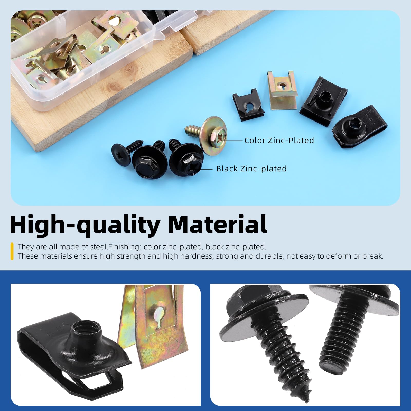 Glarks 64Pcs U-Clips and Body Bolts Screws Assortment Kit - 8 Sizes Auto Car Fasteners with Self Tapping Screws for Bumper, Fender, Trim Panels - Perfect for Car Repair, DIY Auto Maintenance and Vehicle Bodywork