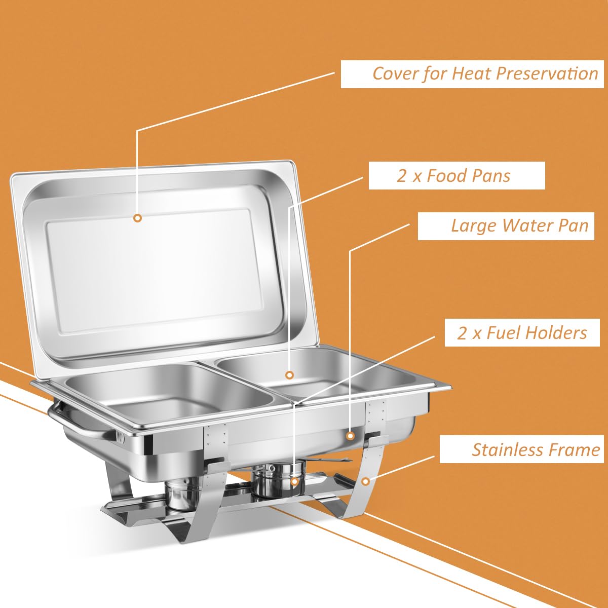 Giantex 2-Pack 9 Qt Stainless Steel Chafing Dishes with Removable Lids & Frame Stand - Buffet Serving Pans with Water Pan & Fuel Holders for Catering, Parties, Weddings & Events - Perfect for Keeping Food Warm at Buffets, Banquets & Outdoor Gatherings
