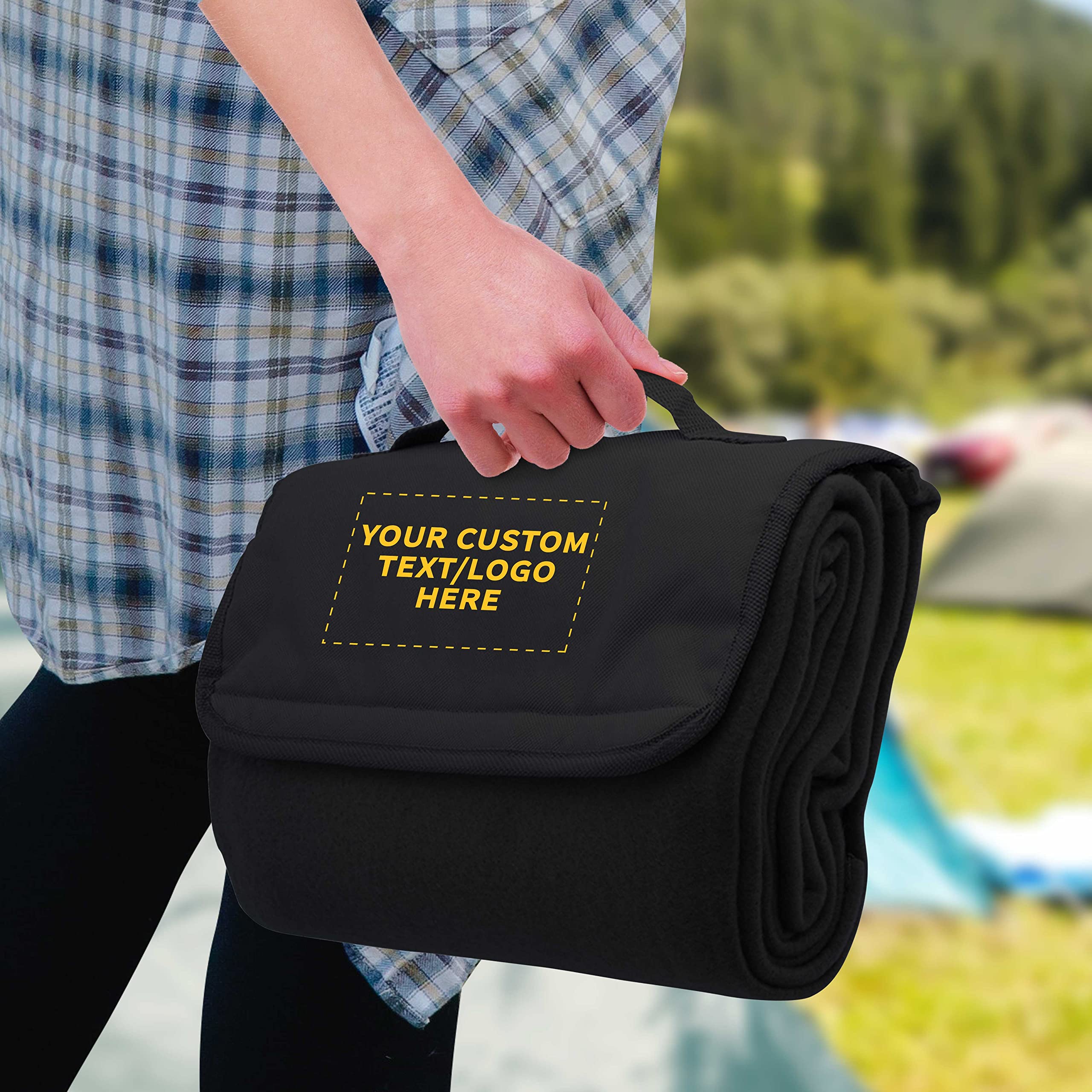 Custom Roll Up Picnic Blankets Bulk Set of 100 - Personalized Waterproof Outdoor Blankets for Camping, Beach, Sports & Picnics - Perfect for Family Outings, Concerts, Park Gatherings & Tailgating - Black