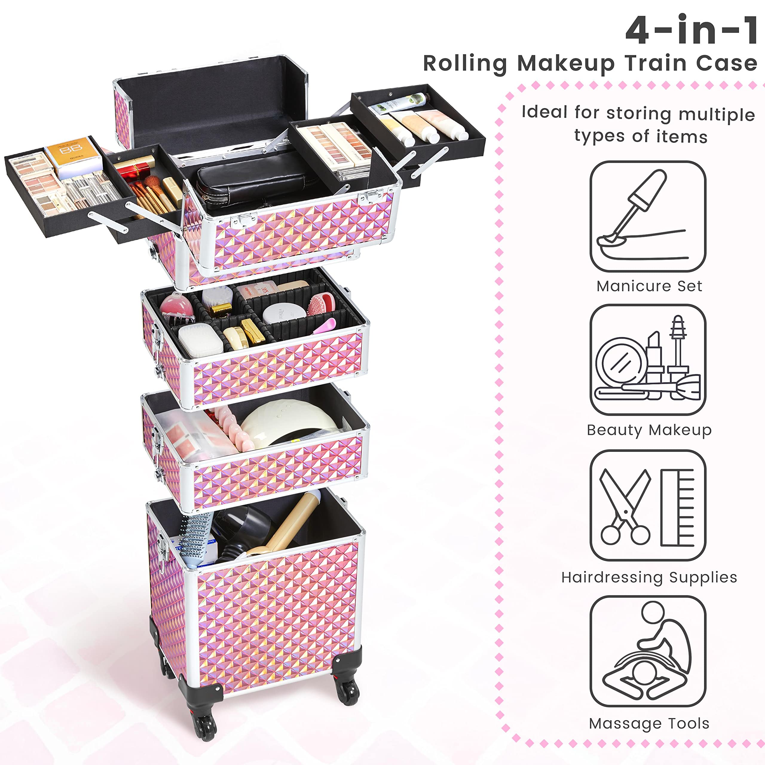 Yaheetech 4-in-1 Professional Makeup Train Case - Rolling Cosmetic Trolley with 4 Detachable Swivel Wheels, Makeup Organizer & Travel Case in Glitter Pink | Perfect for Salon Artists, Mobile Makeup Services & Beauty Professionals On-The-Go
