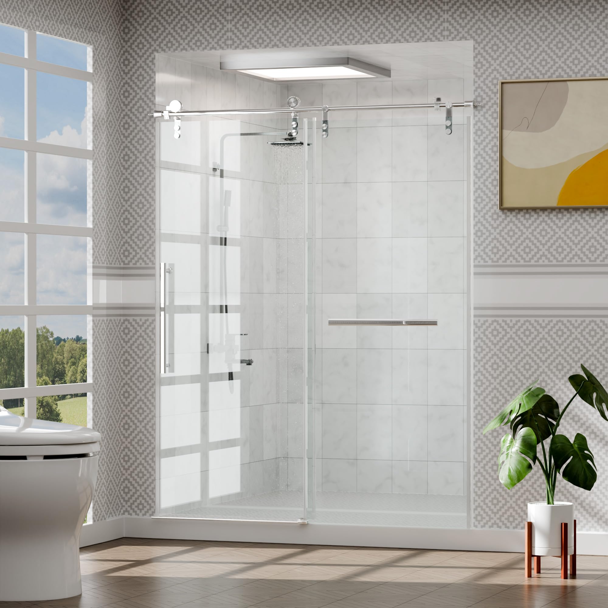 Gotland Frameless Shower Door 56-60 Inch Wide x 76 Inch Tall, Sliding Glass Shower Enclosure with Stainless Steel Handle, 5/16