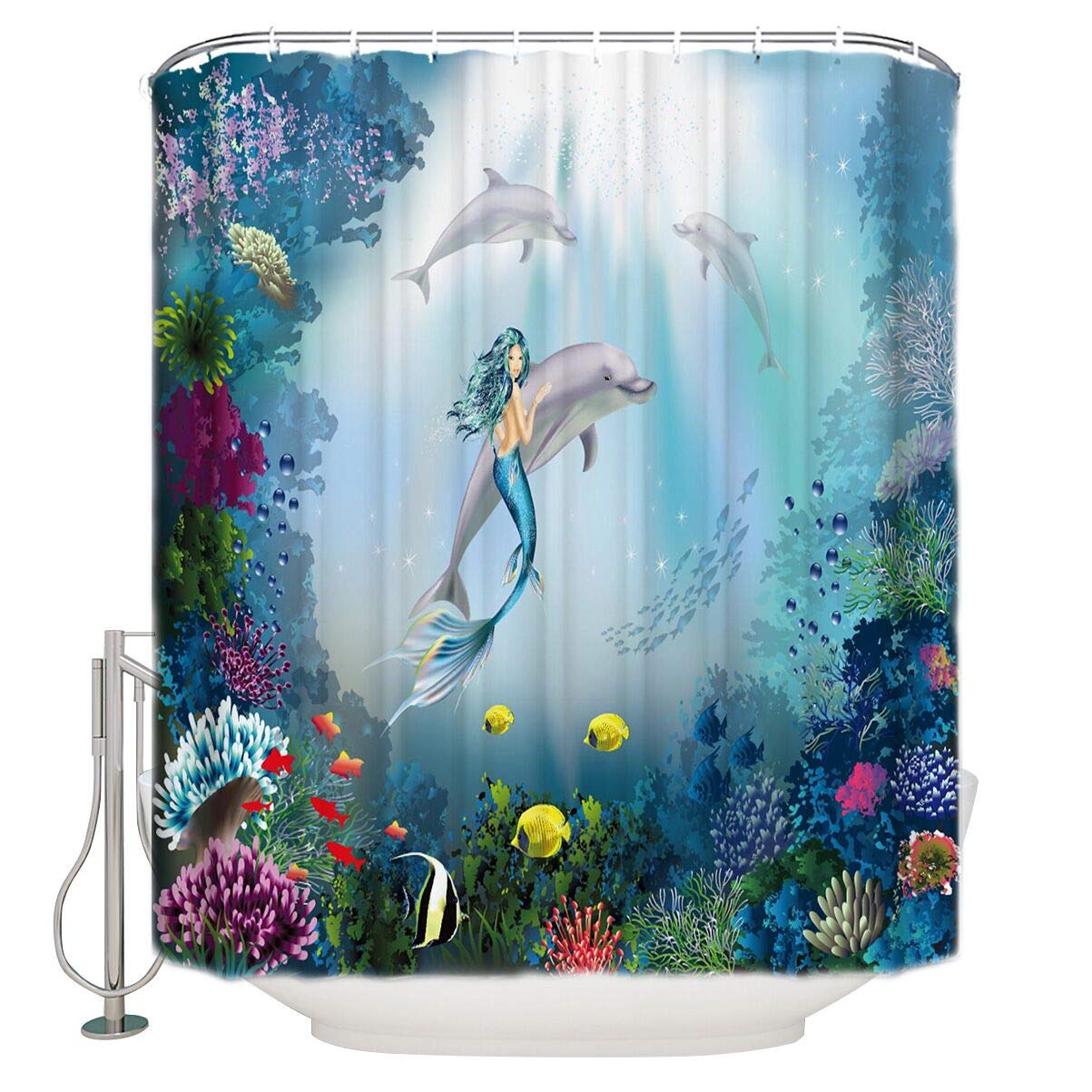 Waterproof Fabric Shower Curtain or Liner - Blue Mermaid Design Bathroom Shower Curtain for Bathtub - Perfect for Coastal, Nautical & Mermaid Theme Bathroom Decor