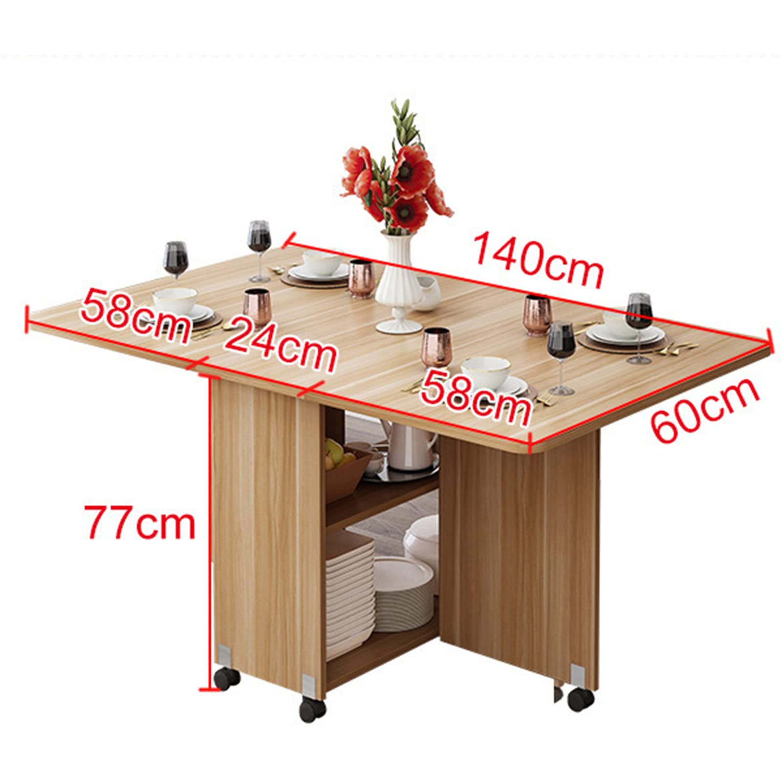 Modern Expandable Folding Dining Table with 2 Storage Racks & Wheels - Space Saving Drop Leaf Kitchen Table for Small Spaces - Perfect for Kitchen, Living Room, Home Office & Studio Apartments (1.4M)