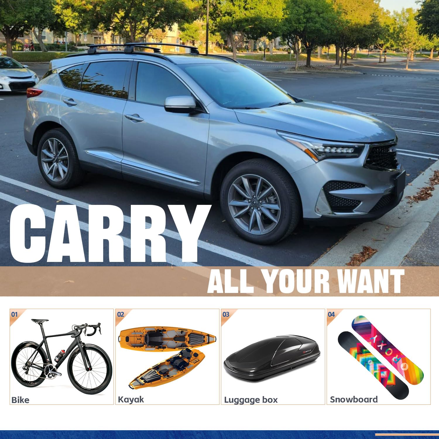 4Pcs Aluminum Cross Bars Roof Rack for Acura RDX 2019-2025 - Universal Fit Roof Rails Cargo Bars for Kayak, Bike, Camping Gear & Luggage Box - Heavy Duty Car Top Carrier Accessories