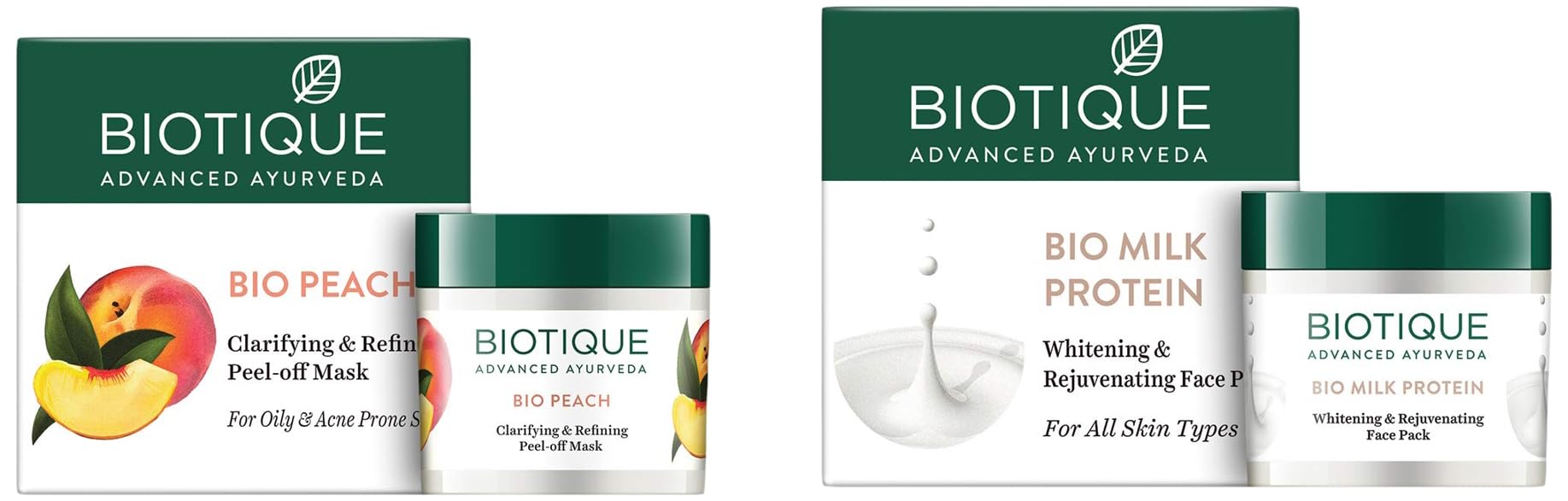 Biotique Bio Milk Protein Whitening & Rejuvenating Face Mask for All Skin Types 50g & Bio Peach Clarifying Peel Off Mask for Oily Acne-Prone Skin - Brightening & Pore Refining Skincare Set for Daily Glow & Clear Complexion