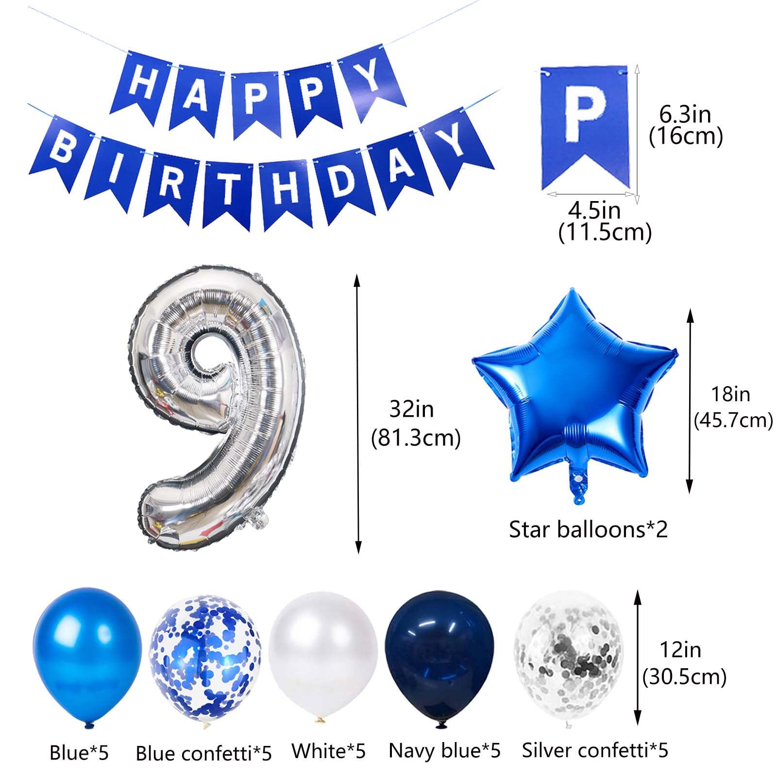 9th Birthday Party Decorations Set - Blue & Silver Star Foil Balloon, Happy Birthday Banner, Number 9 Balloon, Confetti Balloons for Boys 9th Birthday Party | Perfect for Indoor & Outdoor Celebrations, Birthday Photoshoots, and Gift Giving