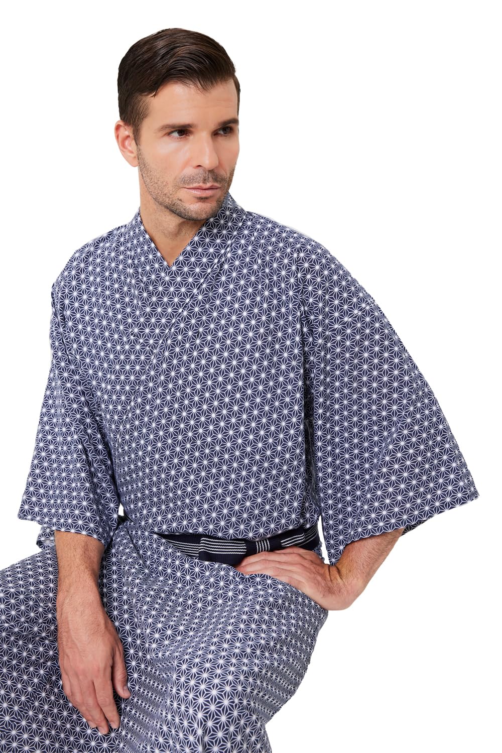 Men's Asanoha Yukata - Lightweight 100% Cotton Japanese Summer Kimono Robe for Relaxation, Spa & Beach Wear