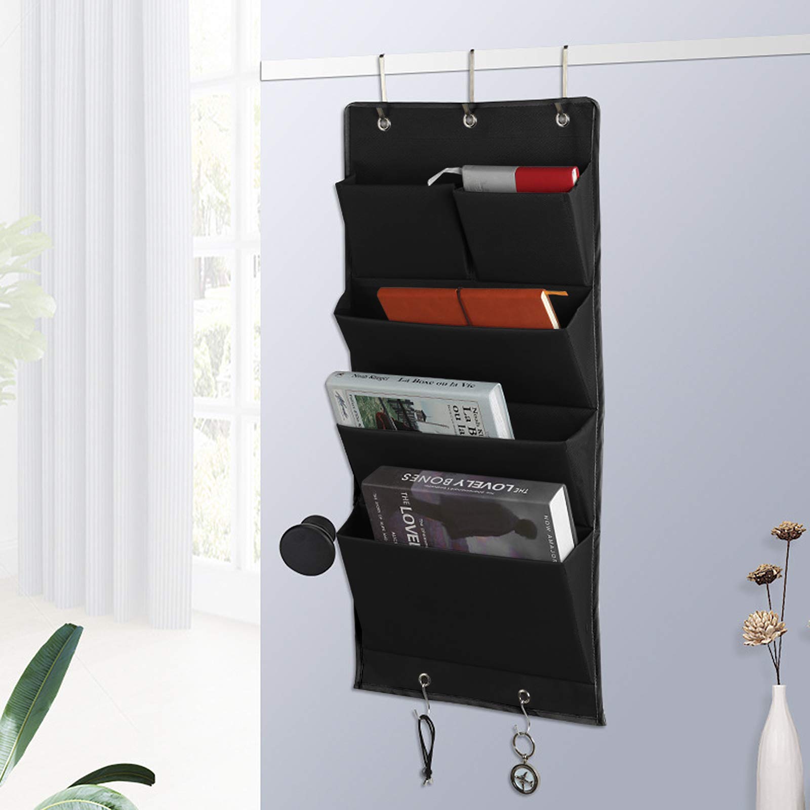 5-Pocket Over the Door File Organizer - Black Wall Mounted Hanging Document Holder (13.4x28 Inch) - Perfect for Home Office, Dorm Room & Classroom Organization