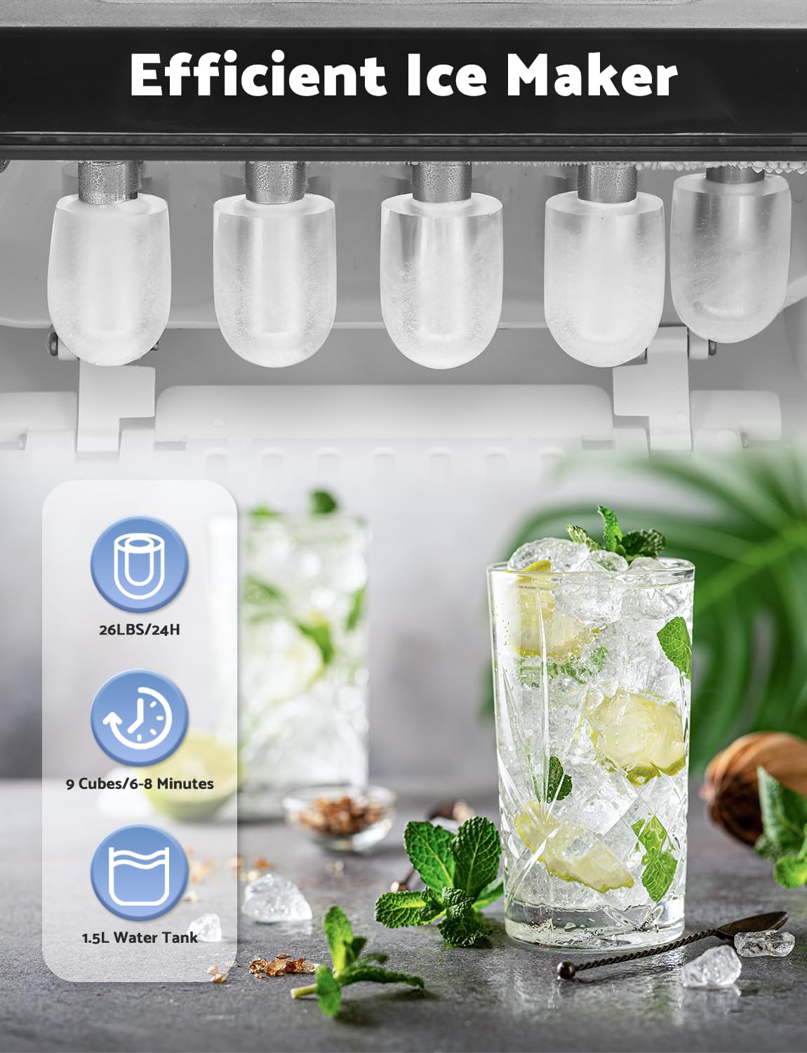 Portable Countertop Ice Maker Machine - 9 Ice Cubes in 6-8 Minutes, 26.5 Lbs Daily Output, Self-Cleaning with Ice Scoop - Perfect for Home, Kitchen, Office, RV & Outdoor Camping Use