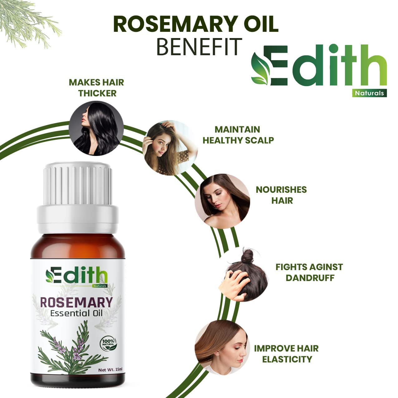 100% Pure & Natural Rosemary Essential Oil for Hair Growth, Skin Care & Aromatherapy - 15ml, Fragrance-Free, Undiluted - Perfect for DIY Beauty, Massage & Relaxation