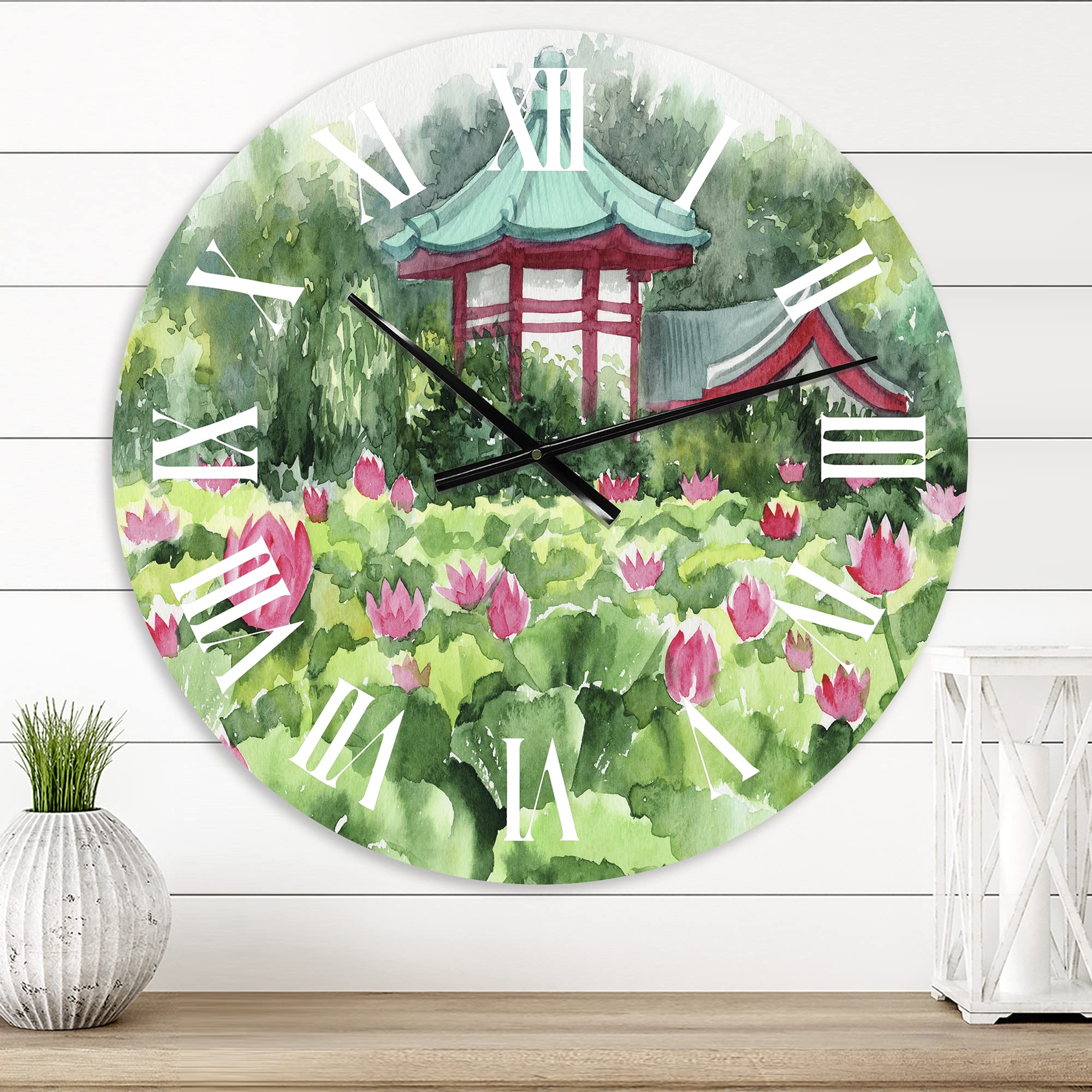 DesignQ Traditional Wall Clock 'Lotus Lake and Pagoda' - Large Landscape Nature Wall Clock for Home & Office Decor - Perfect for Living Room, Bedroom, and Study