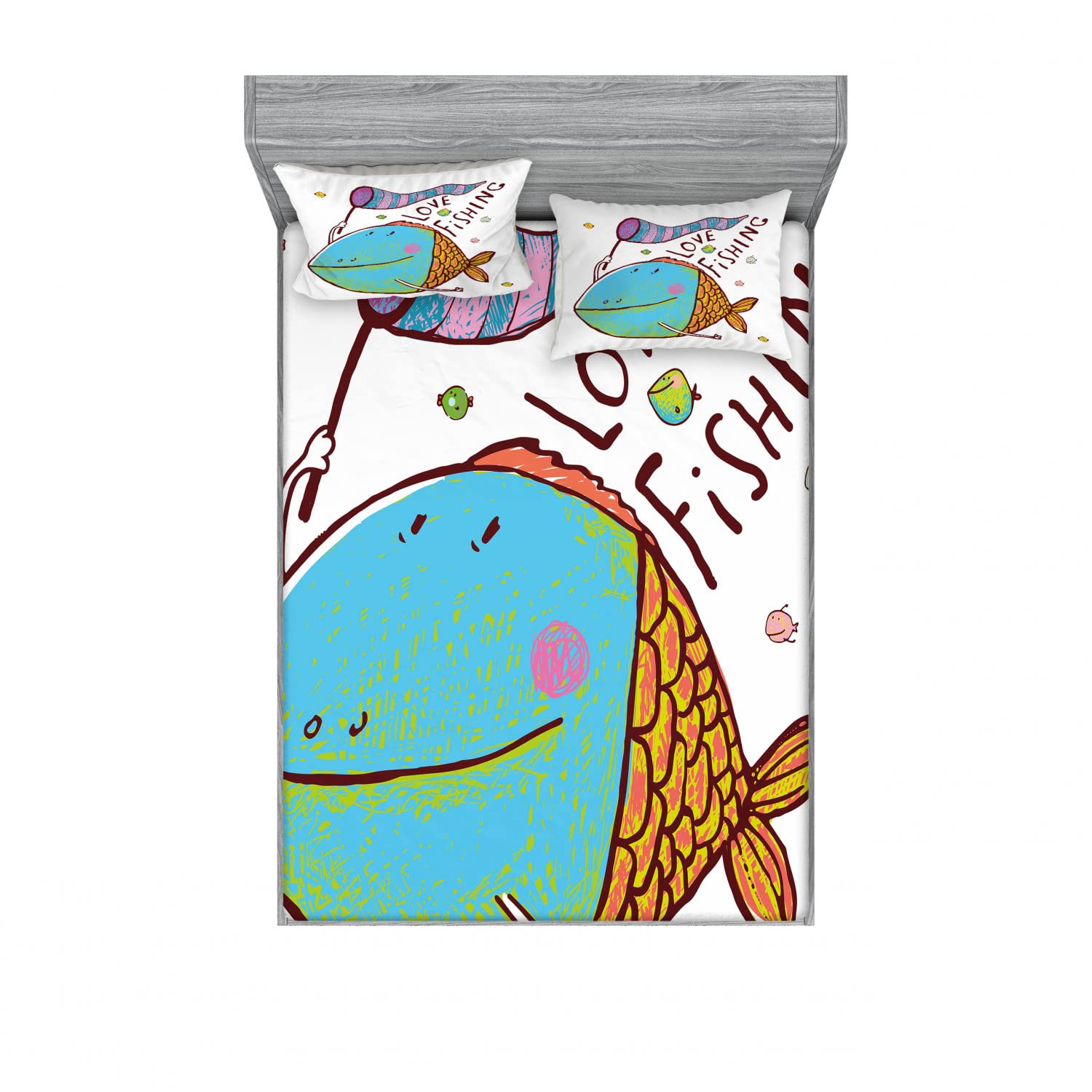 Ambesonne 2-Pack Queen Size Fitted Sheet Set with 4 Pillow Shams - Funny Cartoon Fish Design, Vibrant Multicolor Bedding - Perfect for Kids' Rooms, Guest Bedrooms & Themed Decorations