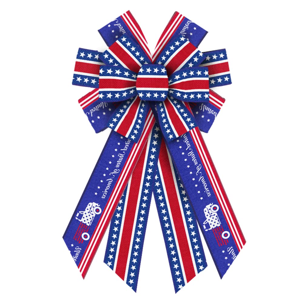 Large 4th of July Wreath Bows - Patriotic Blue Burlap Bows with American Stars for Front Door Decor, Memorial Day & Independence Day Home Decorations - Perfect for Wreaths, Tree Toppers, and Holiday Door Hangers