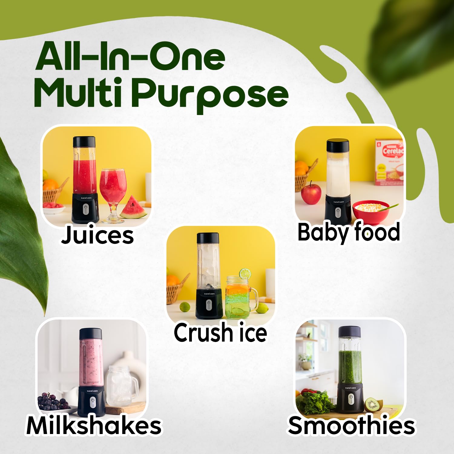 InstaCuppa Portable Blender - 4000mAh USB Rechargeable Smoothie Maker with 230W Motor, 500ml Capacity | Crushes Ice for Juices & Shakes | Perfect for Busy Moms, Gym, Office & Travel | Electric Mixer Juicer for Healthy Drinks