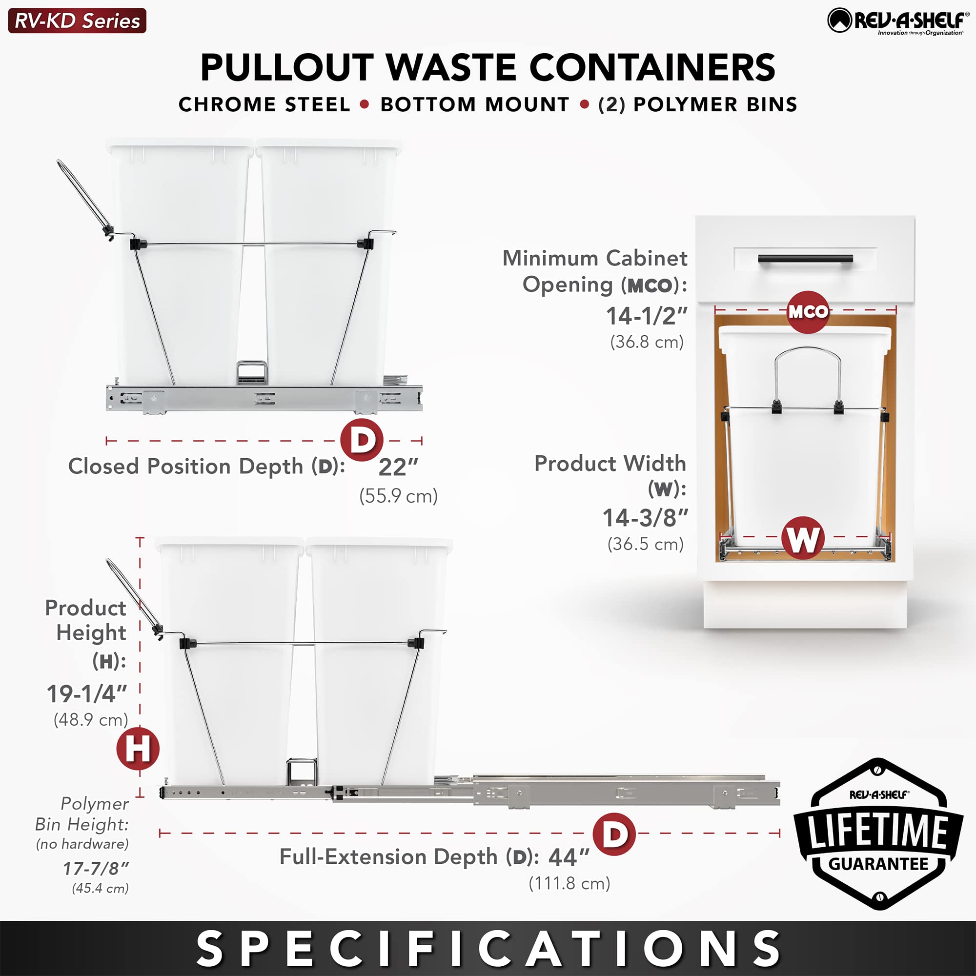 Rev-A-Shelf 35 Qt Double Pullout Trash Can for Kitchen Cabinets - Silver Garbage & Recycling Bin with Full-Extension Slides (Model RV-18KD-17C) | Perfect for Waste Management in Small Kitchens & RVs