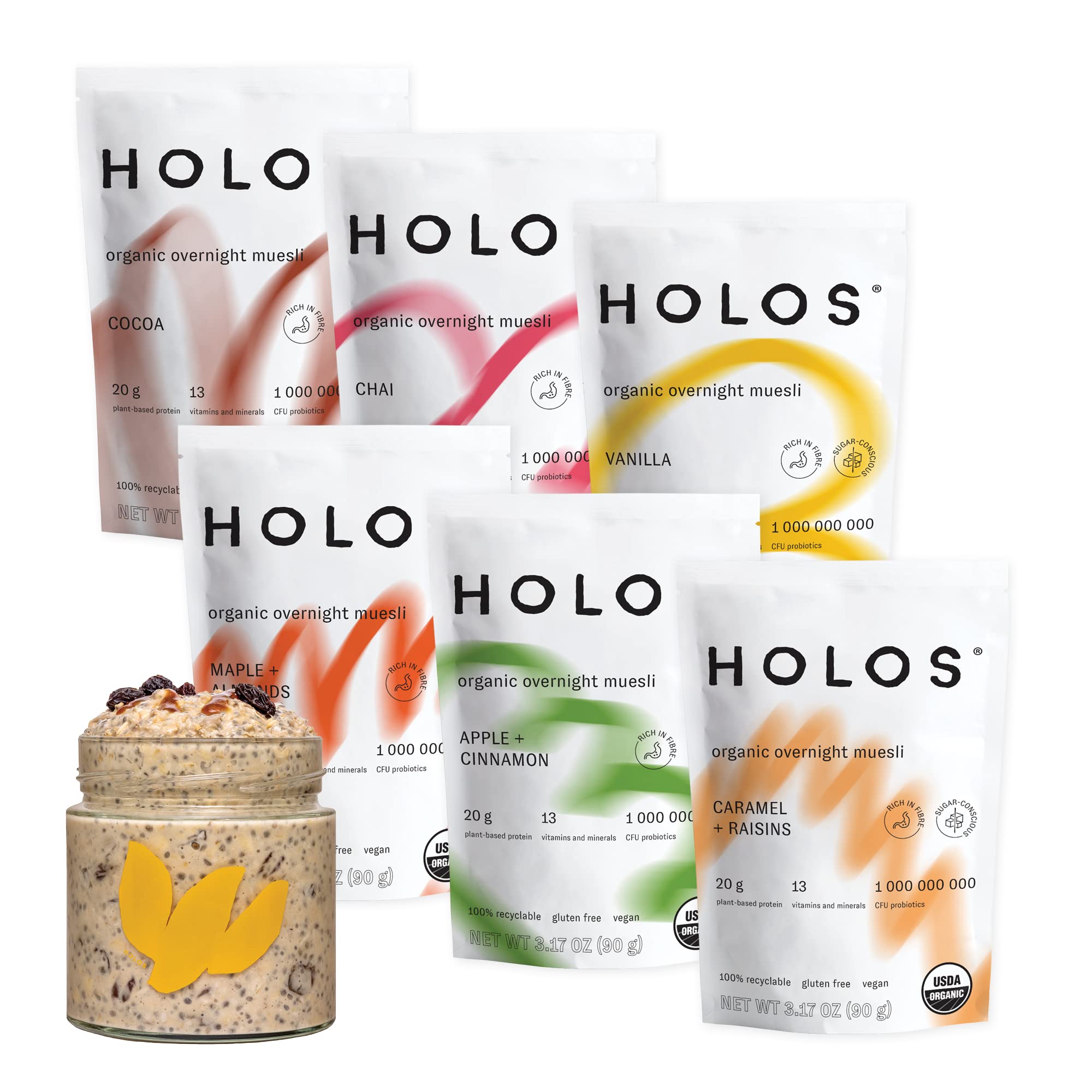 HOLOS Organic Overnight Muesli Variety Pack - 30 Meals | USDA Organic, Gluten Free, High Fiber Cereal with 20g Plant Protein, Probiotics, Vitamins & Minerals (3.17 Oz Bags) - Perfect for Breakfast, Healthy Snacking & On-the-Go Nutrition