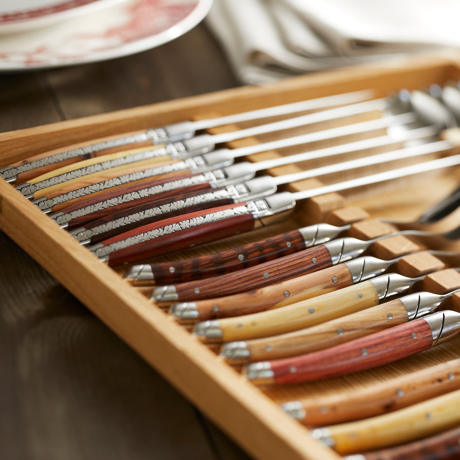 Premium Goyon Chazeau 24-Piece Mixed Wood Flatware Set - Elegant Silverware Gift Box for Dinner Parties, Weddings & Formal Dining