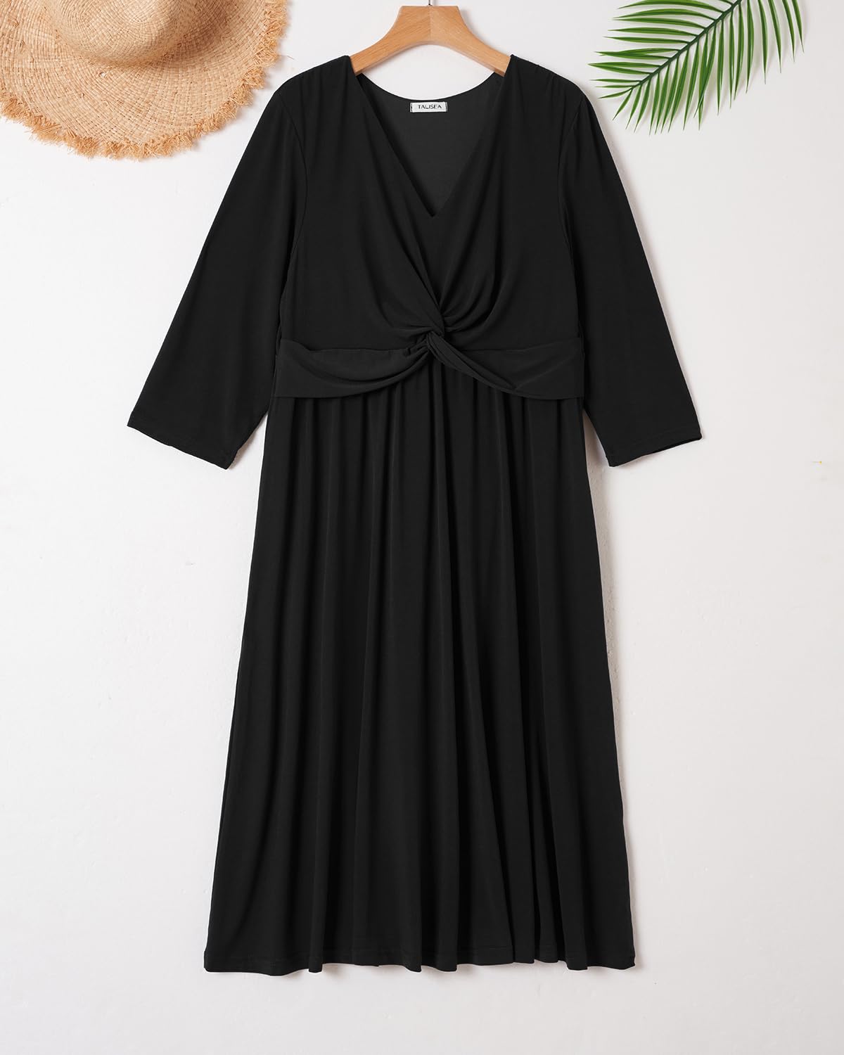 Plus Size Women's Twist Knot V-Neck 3/4 Sleeve A-Line Midi Dress for Wedding Guest, Party & Special Occasions - Flattering Formal Attire for Curvy Figures