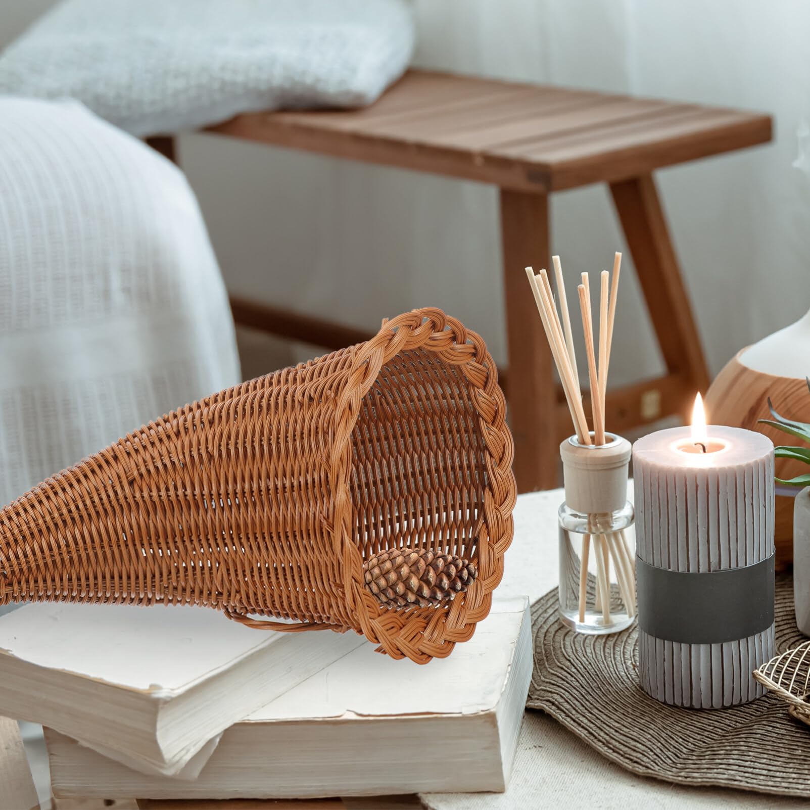 Homoyoyo Woven Wicker Cornucopia Basket - Natural Rattan Storage & Serving Platter for Thanksgiving Table Centerpiece | Fall Harvest Decor, Home Organization, Party Serving Tray