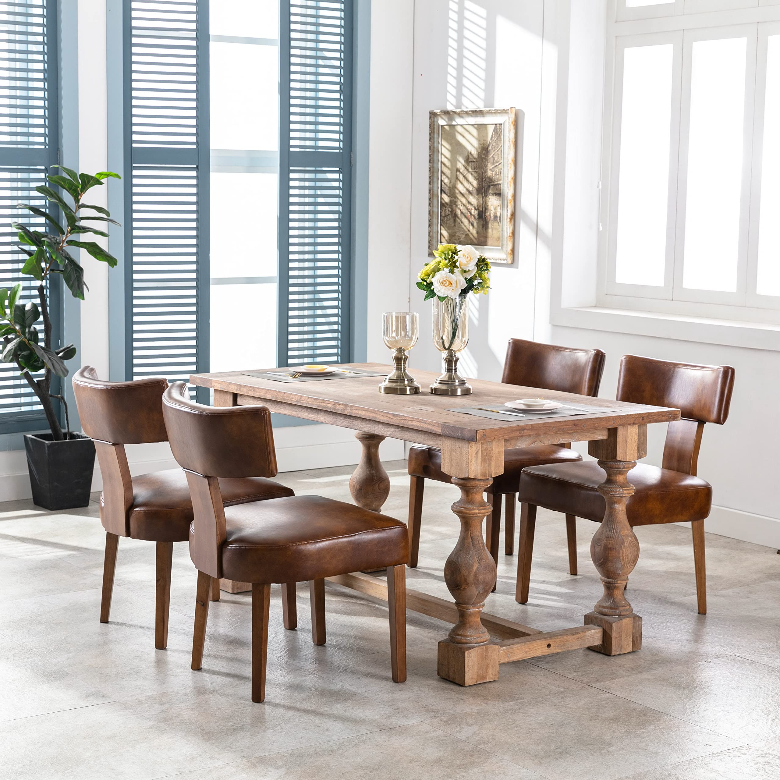 Mid Century Modern Dining Chairs Set of 2 - PU Leather Upholstered Side Chairs, Solid Wood Armless Parson Chairs for Kitchen & Dining Room - Brown - Perfect for Small Spaces & Contemporary Home Decor