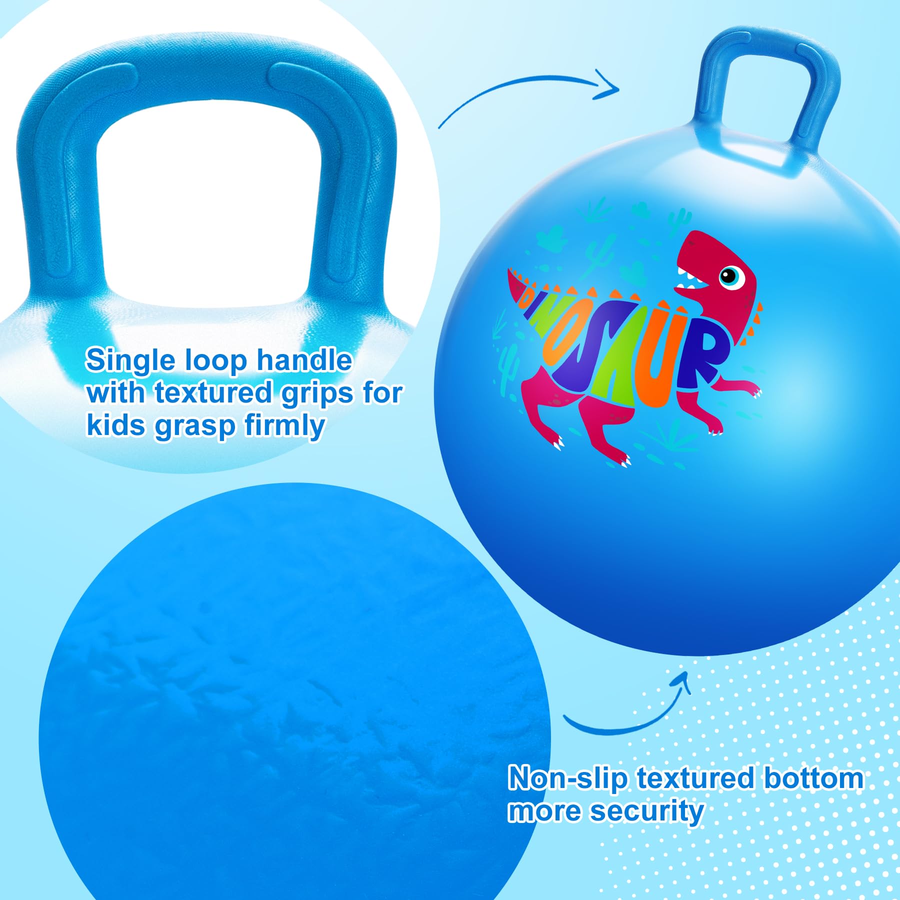 Dinosaur Hopper Ball - 18 Inch Inflatable Bouncy Ball with Handle for Kids Ages 3-8 | Fun Jumping Toy for Boys & Girls | Includes Air Pump | Perfect for Indoor Play, Outdoor Games & Birthday Gifts (Blue)