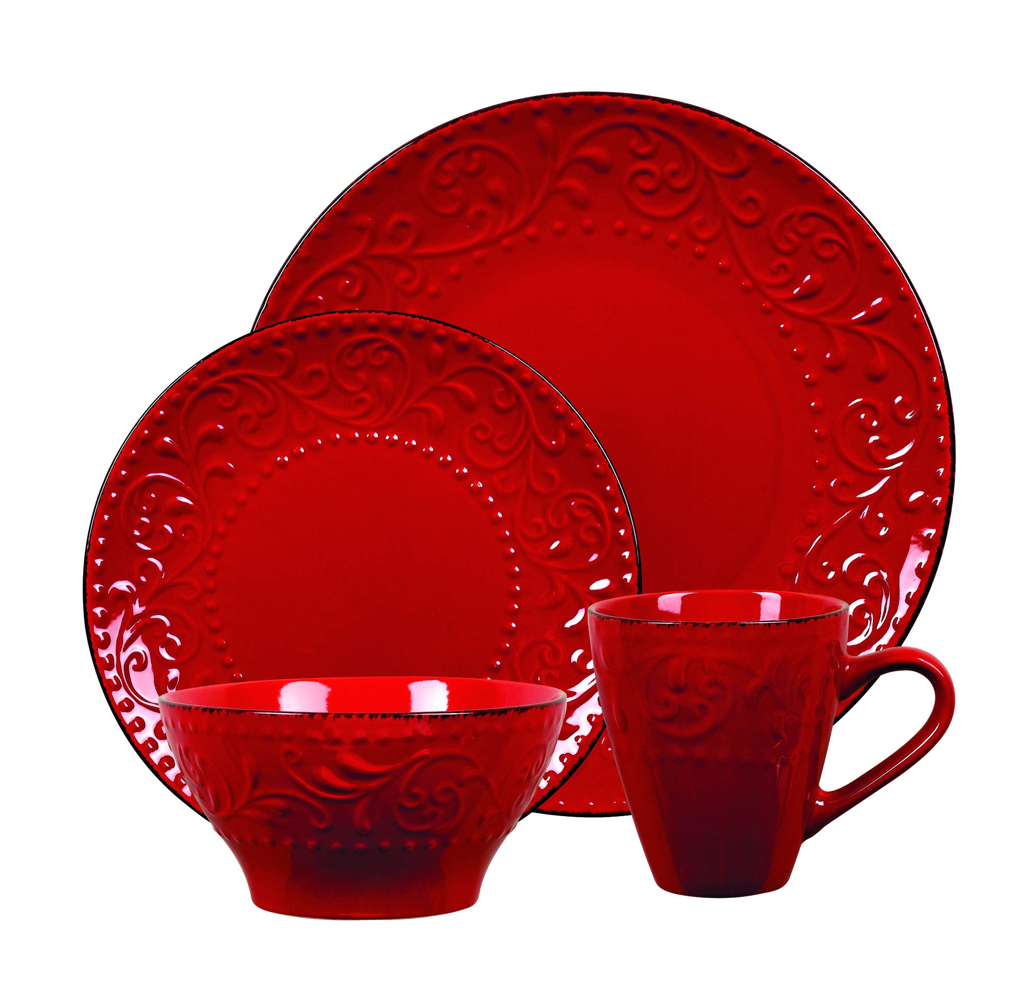 Elegant Modern Stoneware Scroll Dinnerware Set - 16-Piece Red Dinner Plates & Bowls for Parties, Events & Holiday Gatherings - Durable & Stylish Tableware for Entertaining Guests
