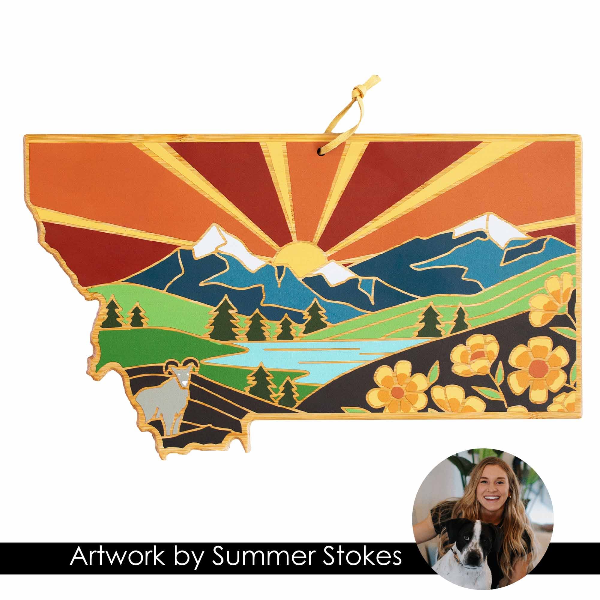 Handcrafted Montana Wood Cutting Board with Summer Stokes Art - Durable Kitchen Essential for Chopping, Serving & Home Decor