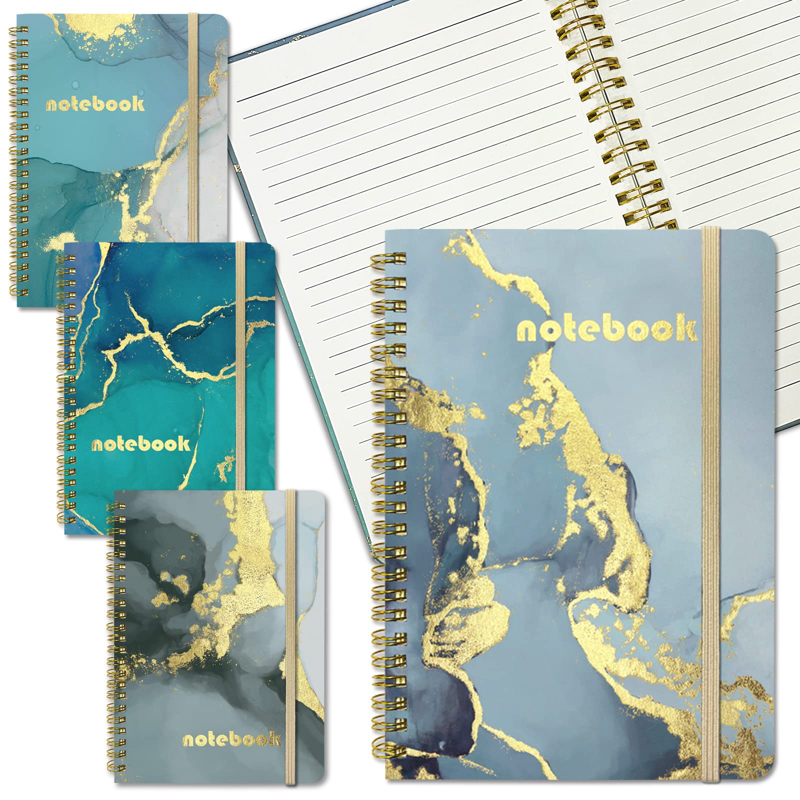 DWIYITTN Spiral Notebook 4-Pack - 5.7x8.5 Inch Hardcover Journal with Elastic Band, 120 Page College Ruled Notebook for Office, School, Home - Assorted Marble & Quicksand Design - Perfect for Note Taking, Journaling & Gift Giving