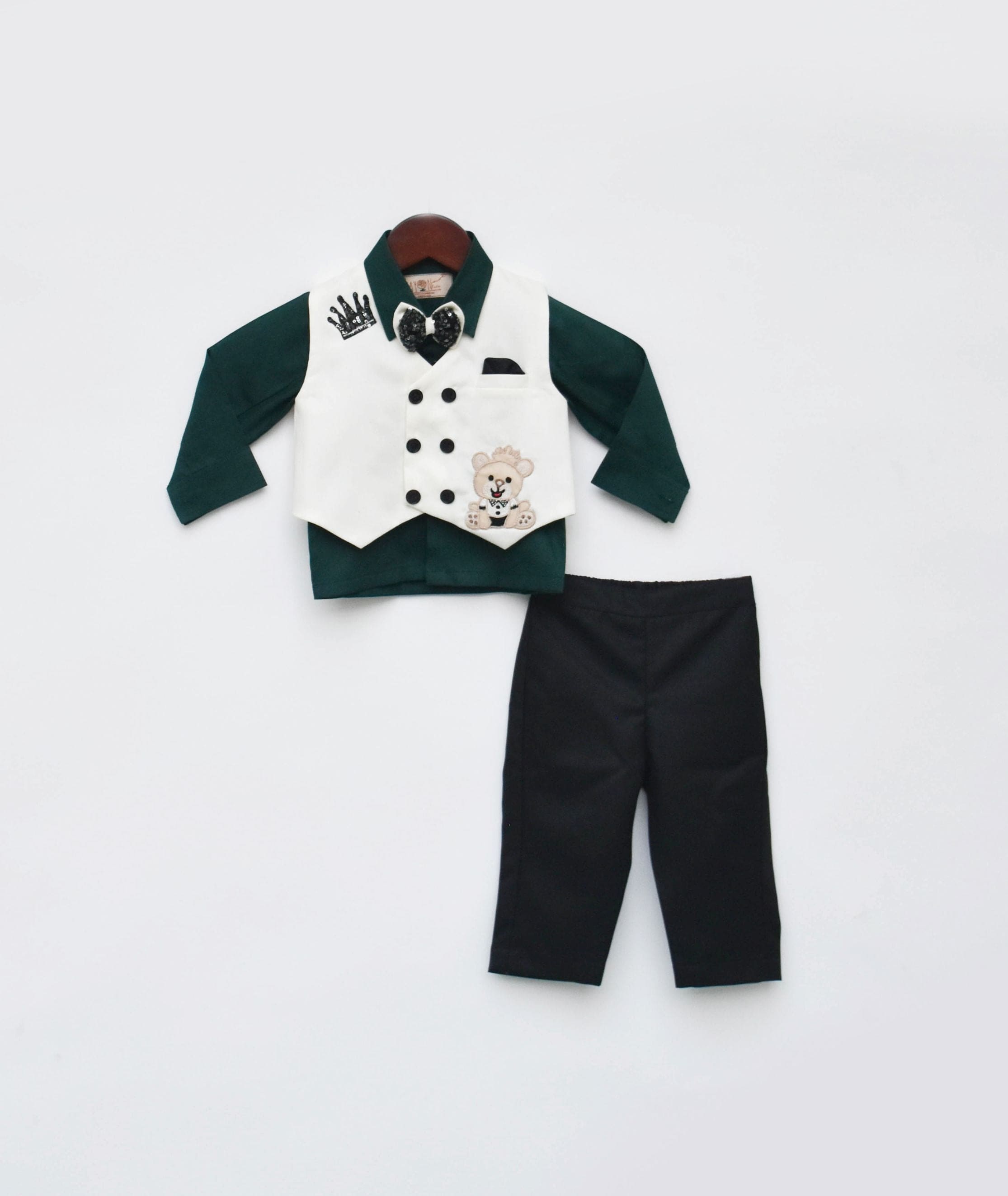 Pre Order: Stylish Green Shirt & Off-White Waistcoat with Matching Pants Set - Perfect for Weddings, Parties & Formal Occasions